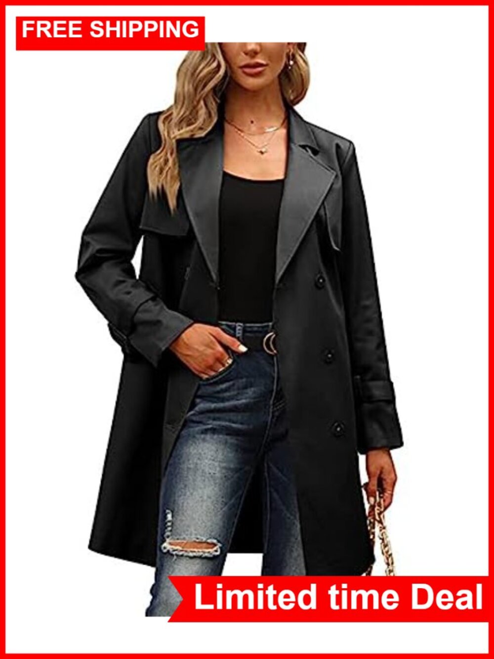 Women's Double Breasted Midi Trench Coat Windproof Overcoat